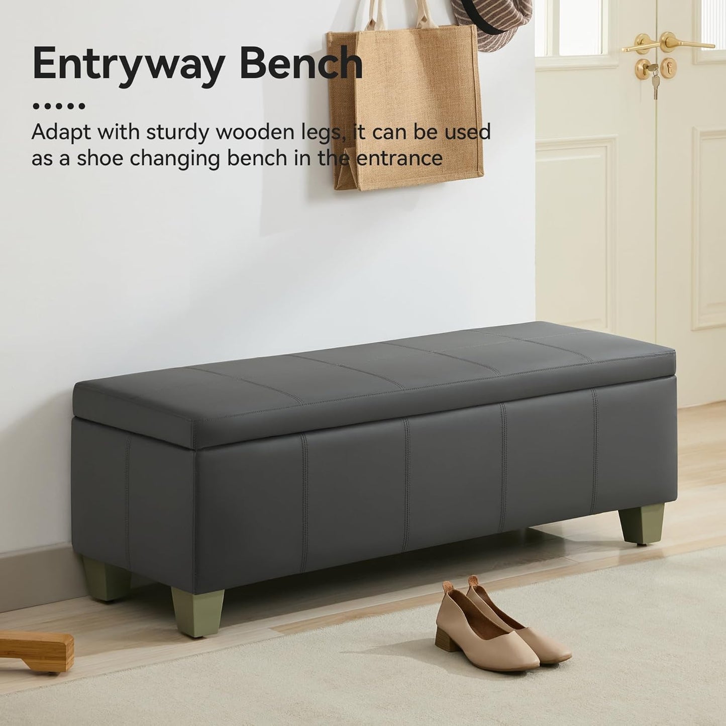 51" Faux Leather Storage Ottoman, Stitch Tufted Rectangle Upholstered End of Bed Storage Bench, Entryway Large Couch Ottoman with Wooden Legs,Dark Grey