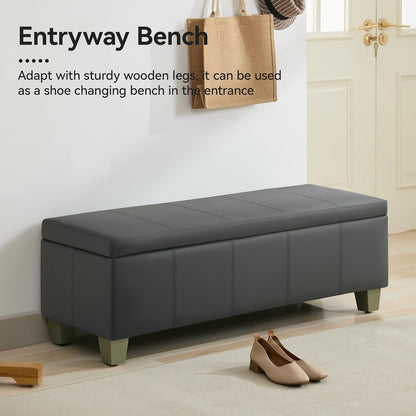 51" Faux Leather Storage Ottoman, Stitch Tufted Rectangle Upholstered End of Bed Storage Bench, Entryway Large Couch Ottoman with Wooden Legs,Dark Grey