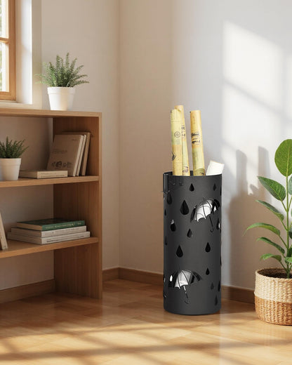 SONGMICS Umbrella Stand, Metal Umbrella Holder for Entryway, with Water Tray and 4 Hooks, 7.7 x 7.7