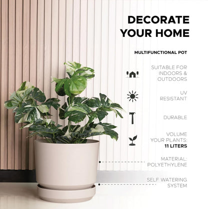 Elly Décor 12 inch Plastic Cylinder Planter Pot with Self-Watering Saucer and Drainage Hole,Lightweight & Extremely Durable, 12"x 12", Ivory