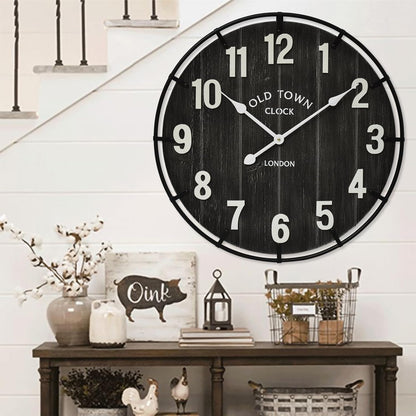 Large Old Town Farmhouse Wall Clock – 24 Inches Rustic Antique Wood with Metal Circle and Large Numerals, Silent Battery Operated Clock for Office, Kitchen, Bedroom, Living Room (Black)