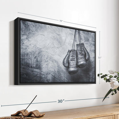 ElephantStock Boxing Gloves Wall Art - Horizontal Framed Canvas - 1-Piece Living Room Wall Decor - Photography Sports Canvas Print - Black and Gray Decor for Wall - 19" X 13"