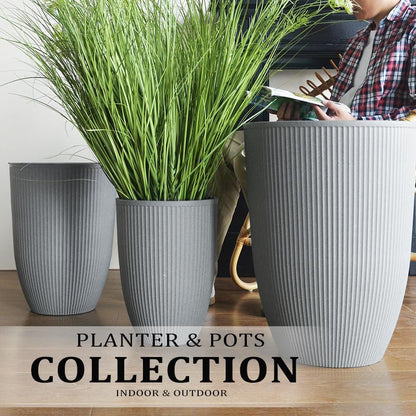2 Pcs Pack 15 Inches Heavy Duty Plastic Resin Tall Tapered Planter Pots Large Round Planter Flower Pot with Drainage Holes for Indoor Outdoor Deck Porch Garden Home Patio Front Door (Light grey, S)