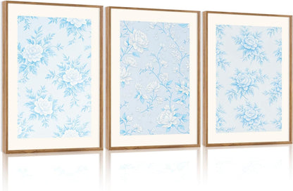 HPNIUB Large Classic Chinoiserie Floral Framed Canvas Wall Art Set, Watercolor Blue and White Flower Rose Wall Decor, Blue Minimalist Wildflower Art Print for Living Room,Bedroom,Office-16 x24 x3