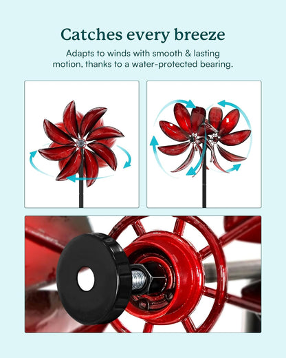 Wind Spinners Outdoor - Red Metal Windmill with Stake for Yard and Garden, Kinetic Wind Sculptures & Spinners, Gift Decor Ideas for Garden Lovers (12" W x 70" H)