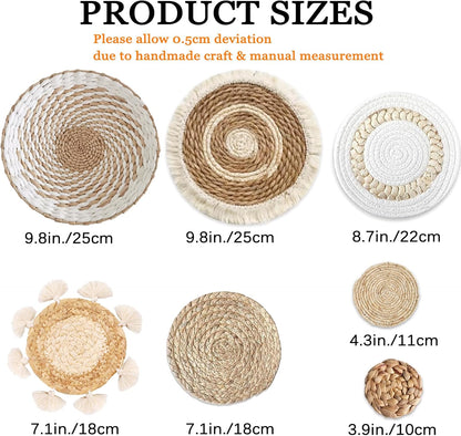 7 Pack Boho Wall Basket Decor - Seagrass Rattan Wicker Wall Decor Round Handmade Hanging Rustic Flat Elegant Wall Art for Farmhouse Living Rooms Bedrooms Display Table Settings Kitchen Home