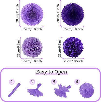 Party Decorations, Purple Papar Fans Pompoms Garlands for Women Girls Mothers Day Bachelorette Wedding Birthday Baby Showers Valentine's Day Party Decorations