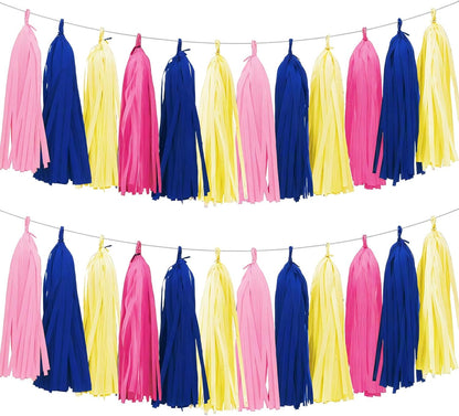 Tissue Paper Tassel Garland Banner, 20 Pack, Hot Pink Navy Blue Lemon Yellow Pink, Party Decorations for Birthday, Baby Shower