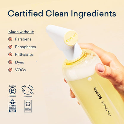BLUELAND Multi-surface Cleaner, Starter Set, Fresh Lemon Scent, Spray Bottle with 4 Refill Tablets, All-Purpose, Eco-Friendly Cleaning Supplies, 4 x 24 Fl oz