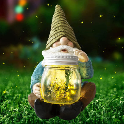 Solar Firefly Jar Gnome Waterproof- Large Garden Gnome Funny Solar Outdoor LED Lights Resin Statues 10.6" Lantern Figurines Decorations Birthday Gifts for Mom Women - Unique Housewarming Gifts