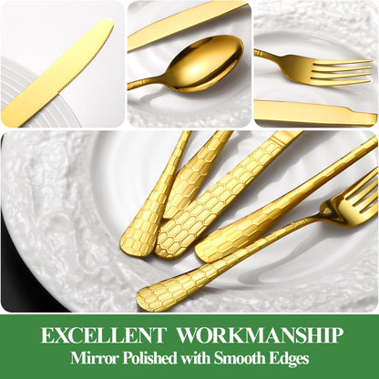 40 Pcs Gold Silverware Set for 8 with Water Cube Handle design, Food Grade Stainless Steel Flatware Set, Eating Utensils Sets Include Fork/Knife/Spoon, Reusable Cutlery Set, Dishwasher Safe