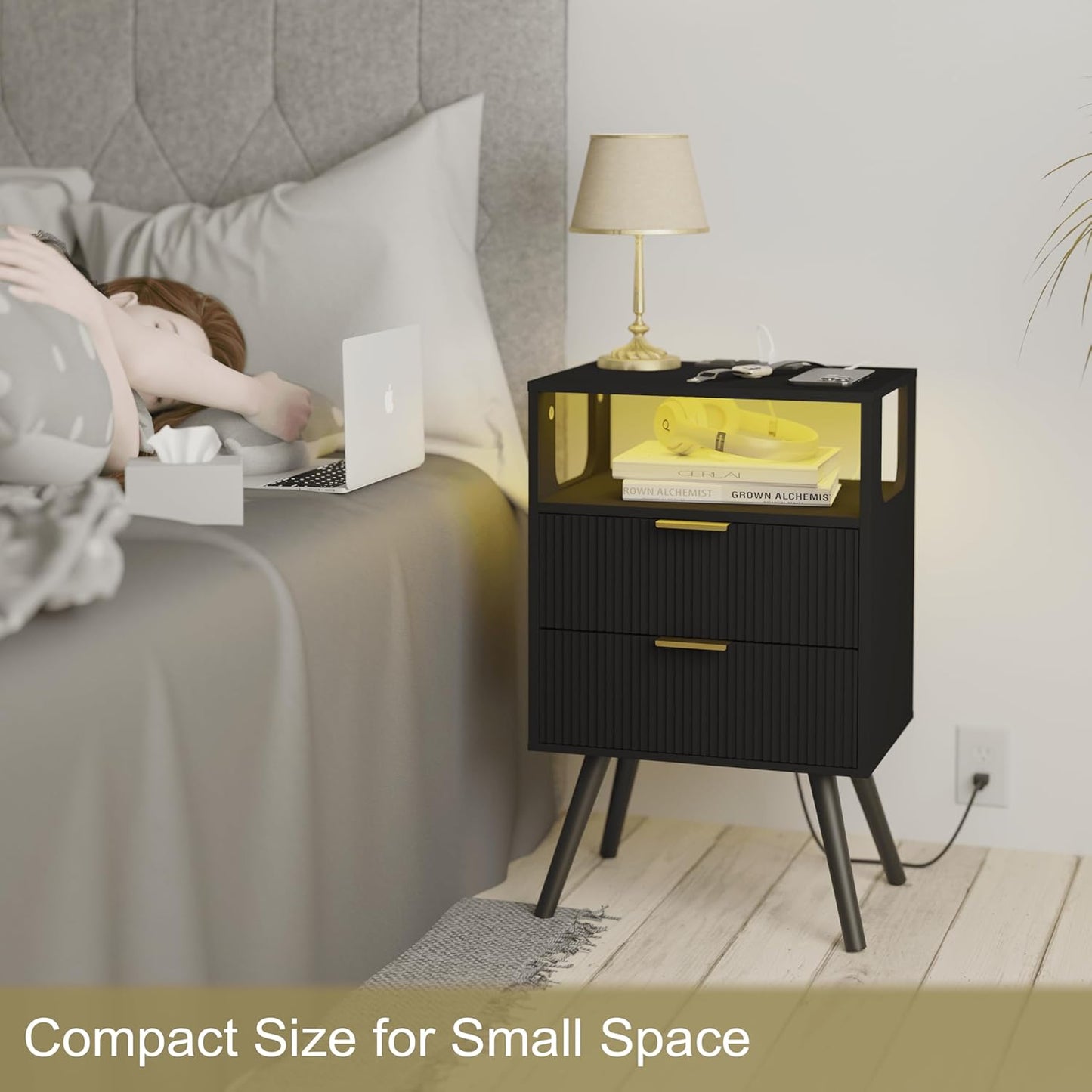 Black Nightstand with Charging Station and LED Lights,Modern Bedside Table with 2 Storage Drawer and Open Wood Shelf, for Bedroom and Small Spaces,Night Stand with Solid Wood Legs,Black