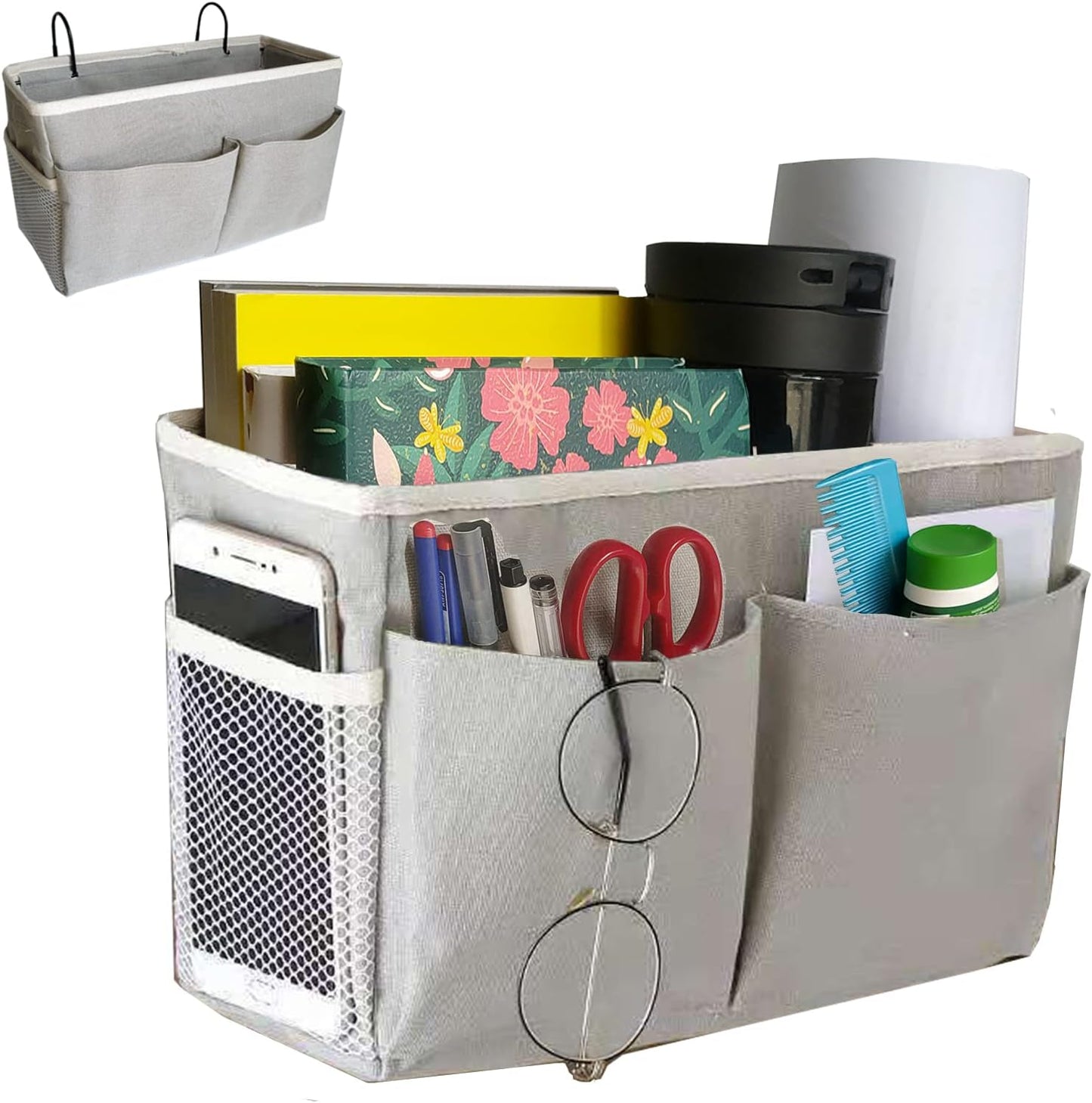 Bedside Caddy, Bedside Hanging Storage Organizer for College Dorm Bed, Bunk and Hospital Beds, Can be Placed Books, Phones,Keys, Glasses，Magazine Holder (Grey, 1)