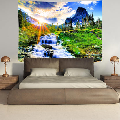 Delur Mountain Waterfall Tapestry Sunset Forest Tree Nature Landscape Tapestry Wall Hanging Tropical Sunrise Rainforest Psychedelic Scenic Headboard for Bedroom Living Room Home Decor (59.1" x 78.7")
