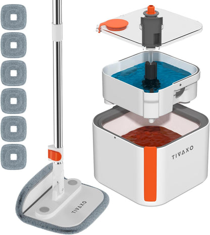 Mop and Bucket Set, Spin Mop with Self Seperates Dirty Water System, Square Mops for Floor Cleaning, 360 Rotating Foldable Standing Mop Head, Versatile Mops for Walls (Mop Bucket with 6 Pads)