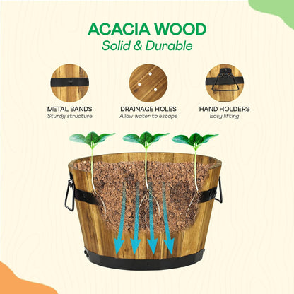 IDZO Set of 3 Wooden Flower Planters for Outdoor Plants, Acacia Wood Barrel Planters, Ergonomic Handles, Drainage Holes, Various Sizes, Golden Teak