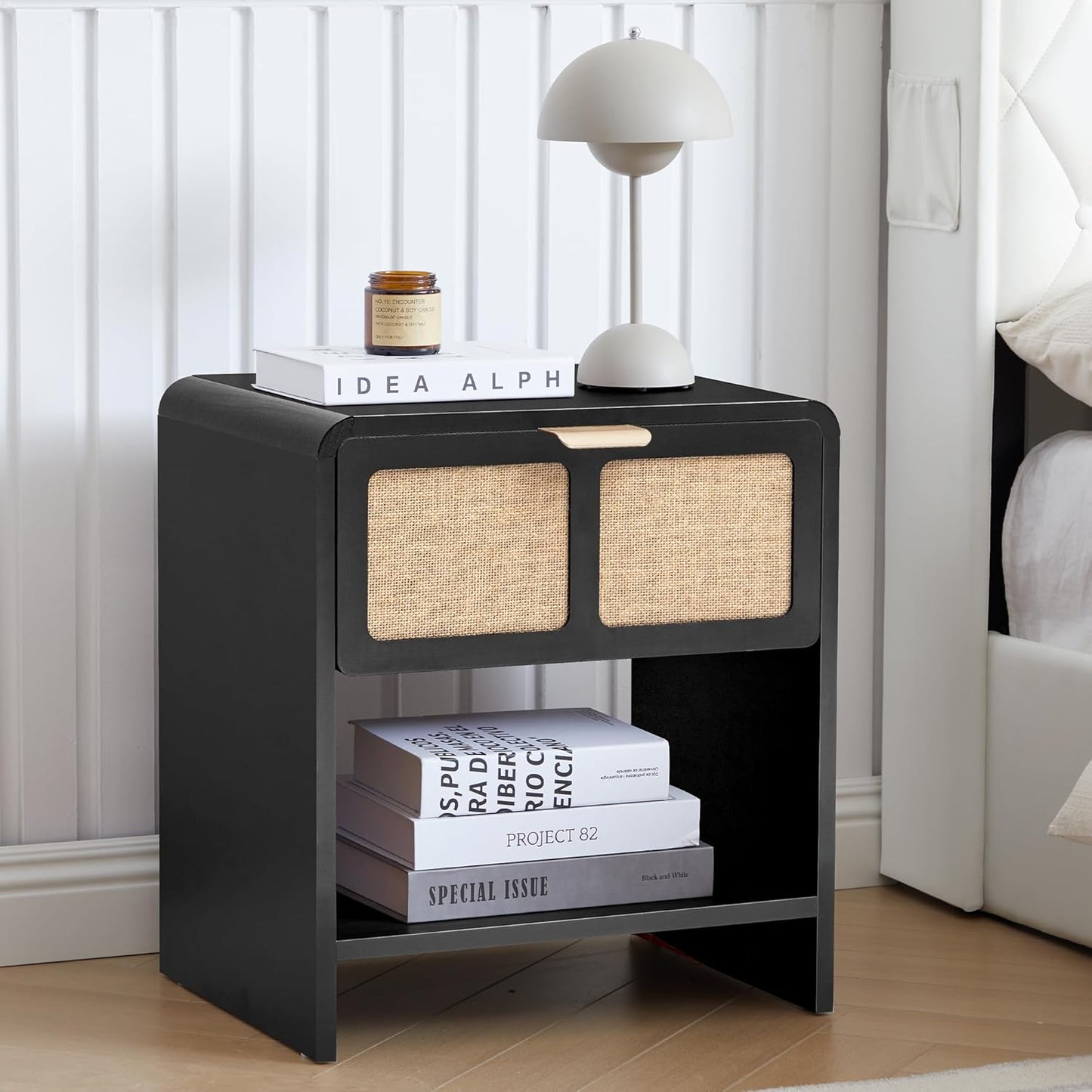 LEVNARY Nightstand with Charging Station, Mid-Century Modern Bedside Table with Curved Top Corners and Fabric-Like Textured Drawer, Wooden End Table for Farmhouse Bedroom Living Room (1, Black)