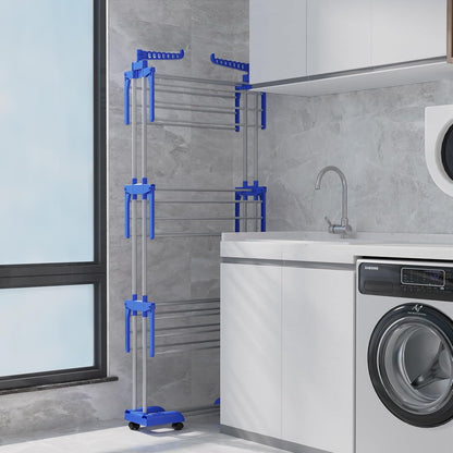 Bigzzia Clothes Drying Rack, 67.7 Inch Laundry Drying Rack with Foldable Base, 4 Tier Stainless Steel Drying Rack Clothing, Movable Laundry Rack for Indoor Outdoor-Blue