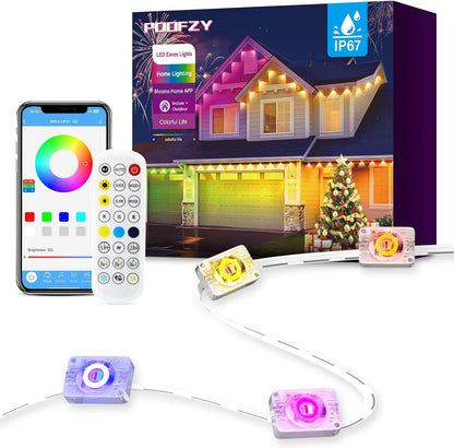 POOFZY Permanent Outdoor Lights for House, 200ft RGB+IC Smart Outdoor Decor, 50 Scene Modes, App/Remote Control, IP68 Waterproof, for Christmas, Holiday, Daily & Pool Party Decor, House Roof Lighting