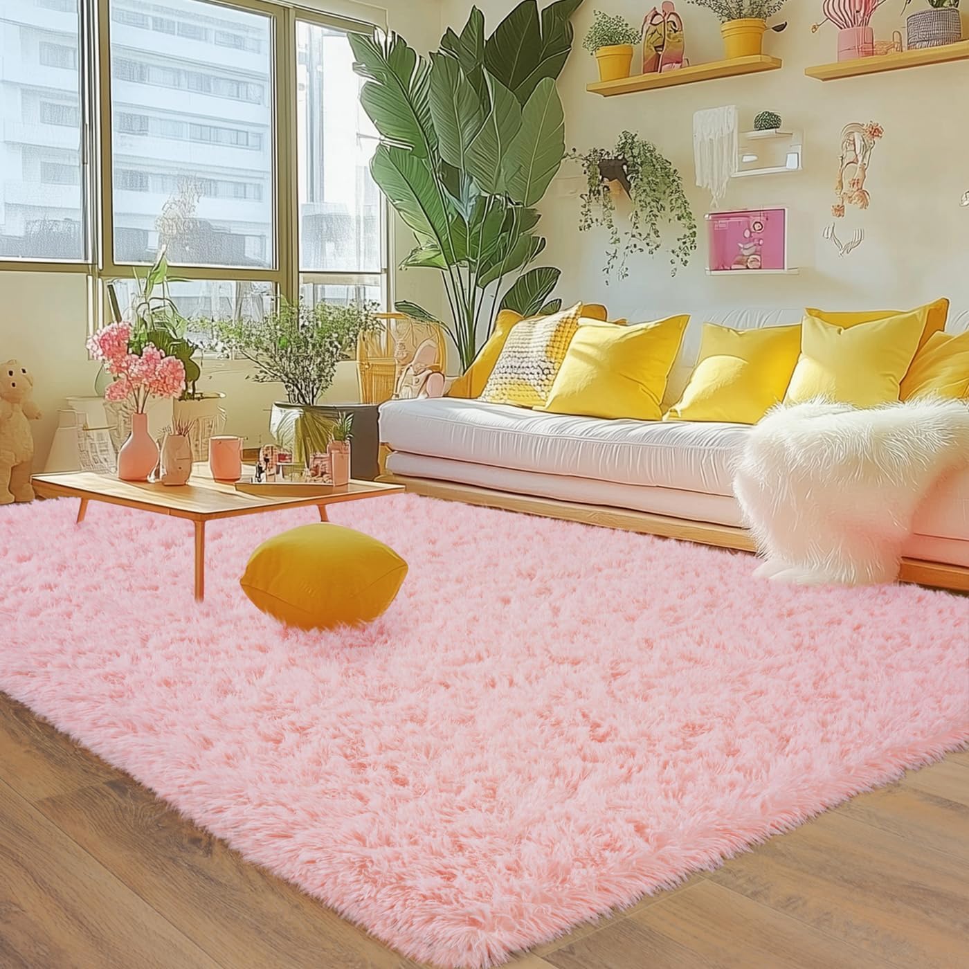 Rezutan Ultra Soft Pink Rugs for Bedroom 6x9 Feet, Fluffy Shag Area Rugs for Living Room, Large Comfy Furry for Girls Kids Baby Room Decor Teenage Pastel Princess Rug, Non Slip Nursery Classroom