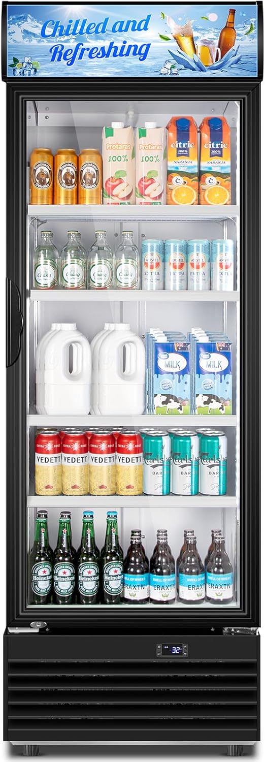 Tylza Commercial Refrigerator with Glass Door Display Beverage Fridge, 11.15 Cu Ft Upright Beverage Cooler Merchandiser with Replaceable Advertising Light Board, Rebound Door, Fast Cooling, Black