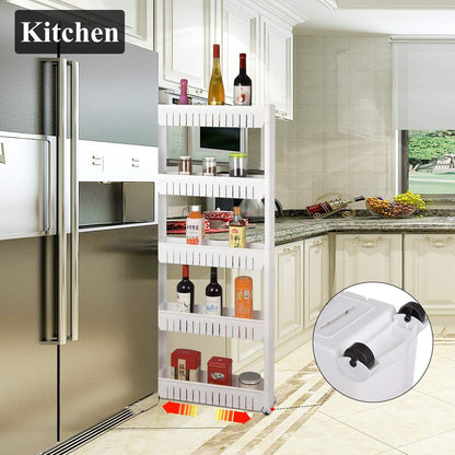 Laundry Room Organizer, Mobile Shelving Unit Organizer with 5 Large Storage Baskets, Gap Storage Slim Slide Out Pantry Storage Rack for Narrow Spaces