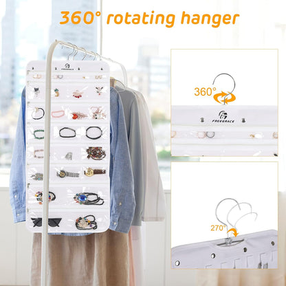 Freegrace Hanging Jewelry Organizer Revolving Hanger - Secure Zipper Closure - 25 Pockets,23 Hooks - Foldable Storage & Display Solution - For All Jewelry & Bijoux (White)