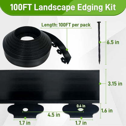 3.15" x 100' No Dig Landscape Edging, Flexible Garden Edging Borders with 90 Anchoring Spikes, Plastic Lawn Edging for Landscaping Garden Flower Beds Grass Yard Paver Pathway, Black