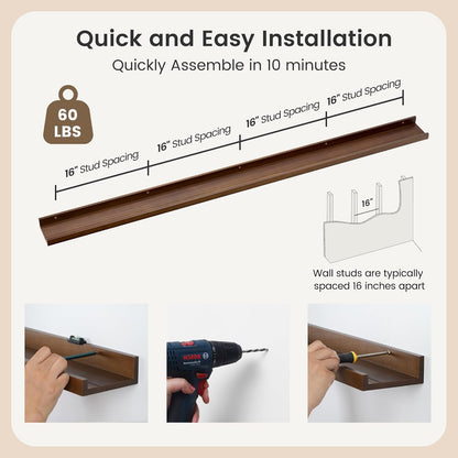 Picture Ledge Shelf, Floating Shelves Set of 2, Solid Pine Wood 72'' Long Large Nursery Book Shelves for Toys Storage, Kids Bookshelf for Living Room Bedroom Decor Books Photo Frames, Walnut