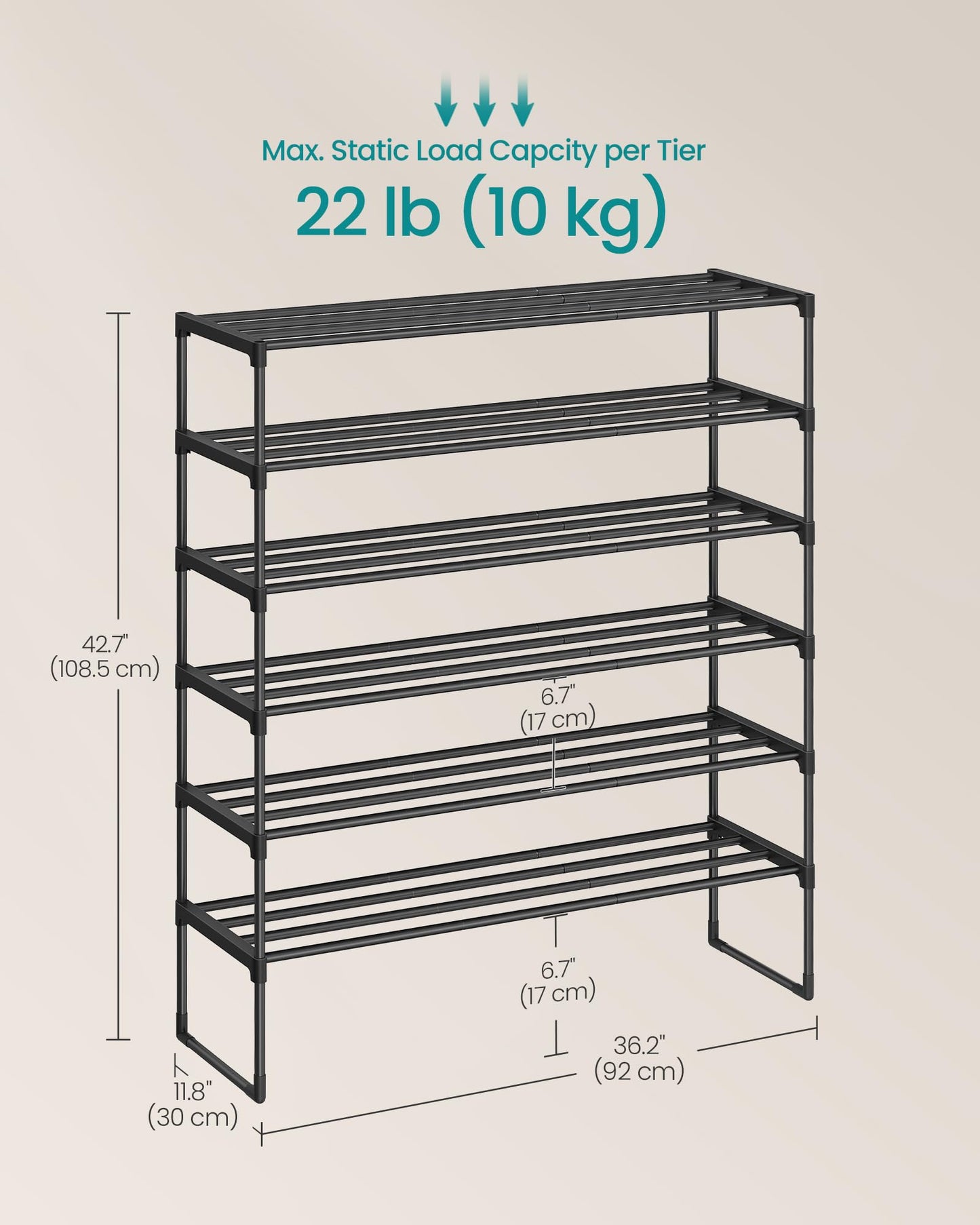 SONGMICS Shoe Rack, 6-Tier Shoe Organizer, Metal Storage Shelf, Upright or Upside Down, for 24-30