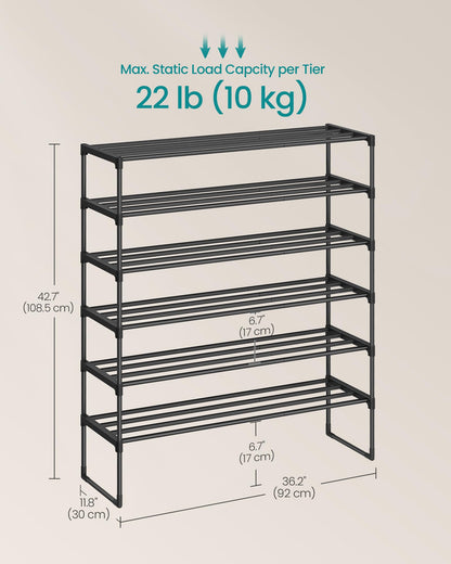SONGMICS Shoe Rack, 6-Tier Shoe Organizer, Metal Storage Shelf, Upright or Upside Down, for 24-30