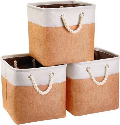 i BKGOO 3Pack Large Foldable Storage Bins，Collapsible Sturdy Cationic Fabric Organizing Storage Basket Cube with Cotton Handles for Home Office Shelf Clothes Toys Beige-Orange 13×13×13 inch