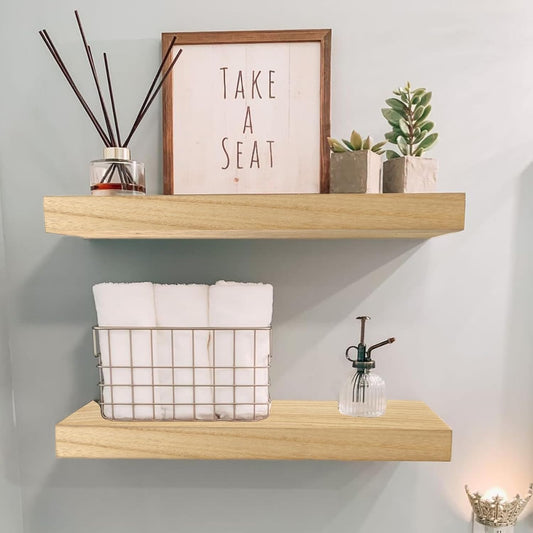 IAE Floating Wall Shelves 16 inch,Bathroom Shelves Wall Mounted,Invisible Shelves Floating Kitchen Shelves,Wooden Wall Shelves with Brackets for Living Room Wall Mounted,Easy Install,Set of 2,Natural