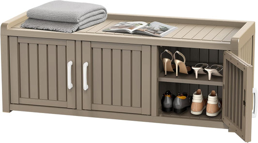 ROJIK Shoe Cabinet Waterproof UV-Resistant,Storage Bench Indoor Outdoor with Adjustable Shelves,for Entryway Bedroom,Hallway,Living Room(3 Door,Grey)