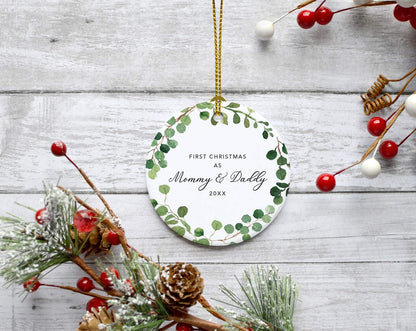 Andaz Press Custom Year Round Ceramic Porcelain Christmas Tree Ornament Keepsake Collectible Gift, First Christmas as Mommy & Daddy 2025, Farmhouse Eucalyptus Wreath, 1-PackNew