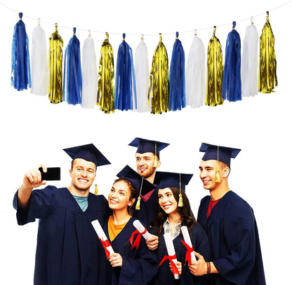 Navy-Blue White-Gold Tassel Garland Streamers- 15pcs Tissue Paper Tassels Banner Party Decorations Men Boy Birthday Graduation Bachelorette Engagement Backdrop Hanging Decor Panduola