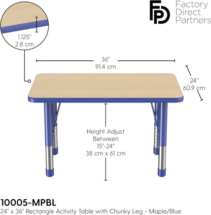 FDP Rectangle Activity School and Classroom Kids Table (24 x 36 inch), Chunky Toddler Leg, Adjustable Height 15-24 inches - Maple Top and Blue Edge