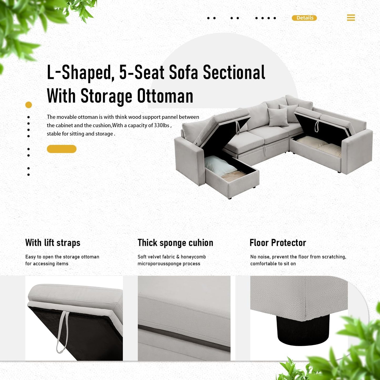 7 - Seater Sofa Bed, Large U - Shaped Modular Sectional Sofa, Oversized Pull - Out Sleeper with Storage for Living Room, Light Grey