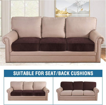 H.VERSAILTEX Velvet Stretch Couch Cushion Cover Plush Cushion Slipcover for Chair Loveseat Sofa Cushion Furniture Protector Seat Cushion Sofa Cover (3 Piece XL Sofa Cushion Covers, Brown)
