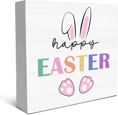 SRADMO Happy Easter Sign, Cute Bunny's Ear Easter Wood Box Sign Desk Decor, Easter Bunny Decorations, Easter Theme Wooden Block Box Sign Decoration for Home Office Shelf Table Decor