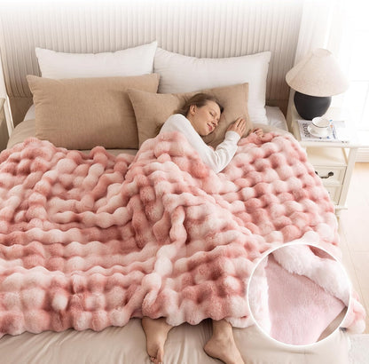 Cozy Faux Fur Throw Blanket for Couch-Warm Fuzzy Throw Blanket, Soft Plush Thick Bubble Blankets for Bedroom and Living Room, Furry Luxury Blanket, 90 x 90, Tie-Dye Pink