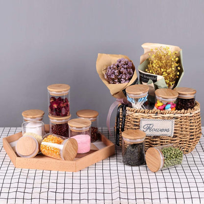 Glass Jars Set,Upgrade Spice Jars with Wood Airtight Lids and Labels, 6oz 12 Piece Small Food Storage Containers for Home Kitchen, Tea, Herbs, Sugar, Salt, Coffee, Flour, Herbs, Grains…