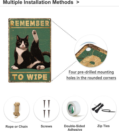 ALKB Bathroom Tuxedo Cat Sign - Remember to Wipe - Cat Lover Gift 8x12 Inch Vintage Metal Sign for Bathroom Decorations