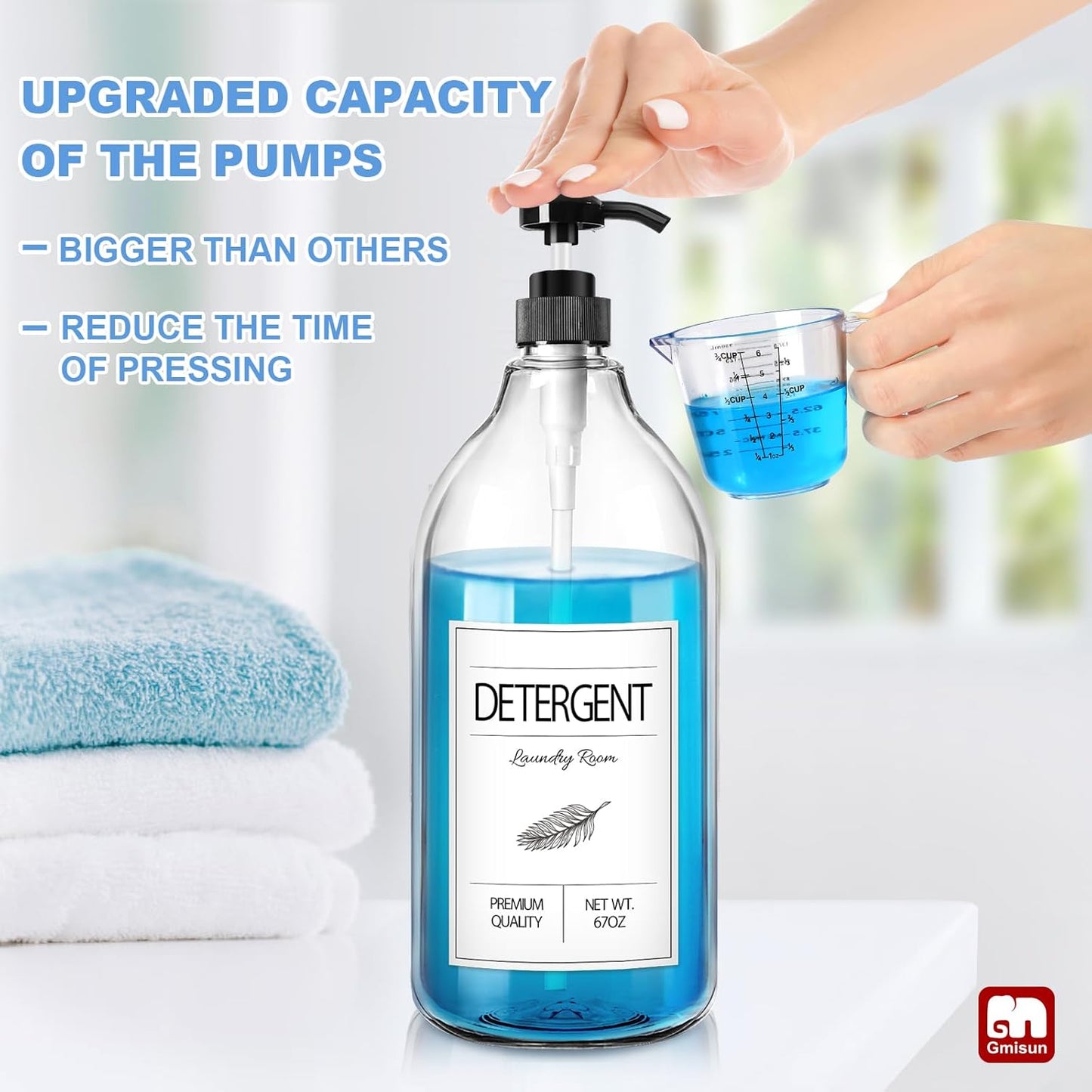 GMISUN Laundry Detergent Soap Dispenser, Liquid Laundry Detergent Dispenser, Container for Farmhouse Room Decor, Organizer for Liquid DetergentSoftenerBleach Storage Bottle(64 Oz Set of 4)