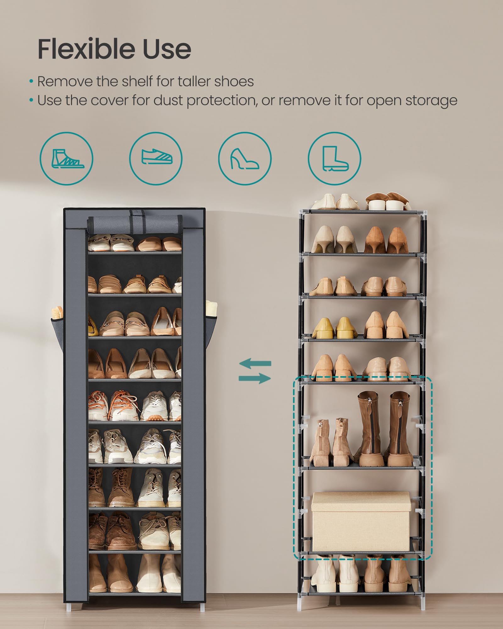SONGMICS 10-Tier Shoe Rack, Shoe Storage Cabinet with Dustproof Cover, Free-Standing Storage