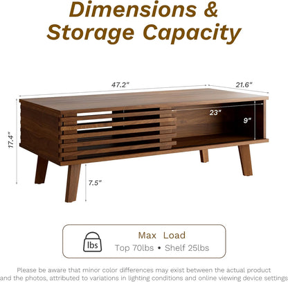 Mid Century Coffee Table with Storage & Sliding Fence Door, Modern Coffee Tables for Living Room, Walnut Finish