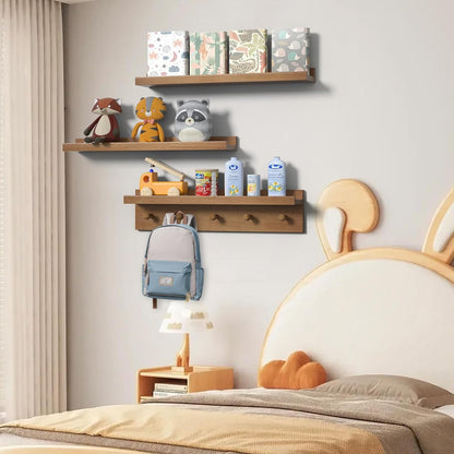 MBYD 24 Inch Floating Shelves, Picture Ledge Shelf, Natural Wood Wall Shelf, Nursery Book Shelves for Kids Room Decor with Hooks, Kitchen Bathroom Storage, Living Room Walnut