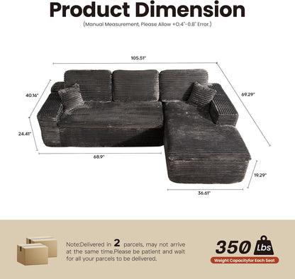 ovios 105” Modular Sectional Sofa with Thicken Seat Cushion, Cloud Couch with Deep Seat, Modern L-Shape Sofas Couches with Chaise,Upholstered Couches for Living Room Bedroom,Grey