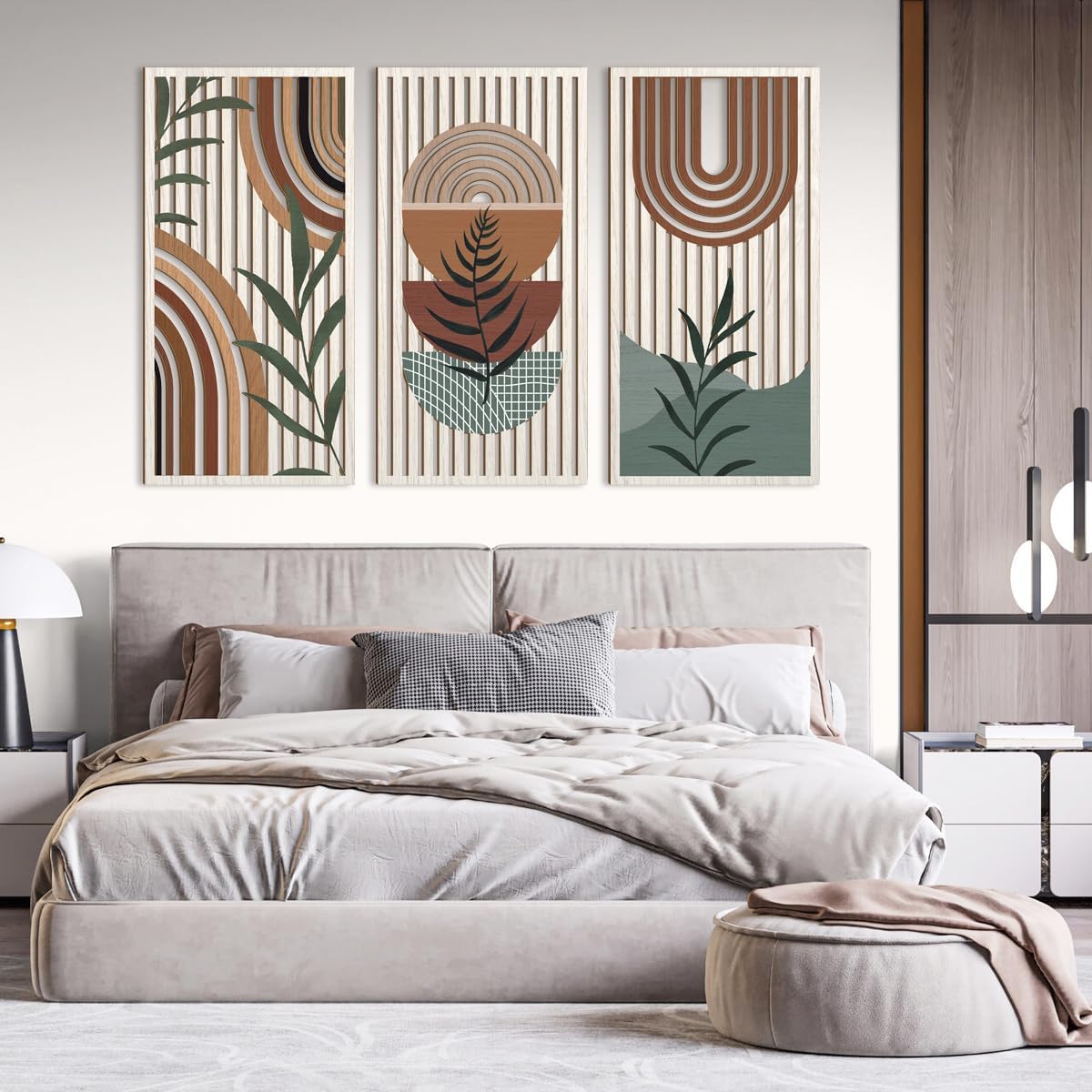 IARTTOP Large Abstract Geometric Wood Boho Wall Art Boho Wall Decor Set Mid Century Modern Wooden Wall Decor Bohemian Wall Art For Bedroom Living Room Office 16"x32"