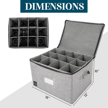 Wine Glass Storage, Holds 12 Stemware Glasses, Stackable, Fully-Padded Inside with Hard Top and Sides (Grey)